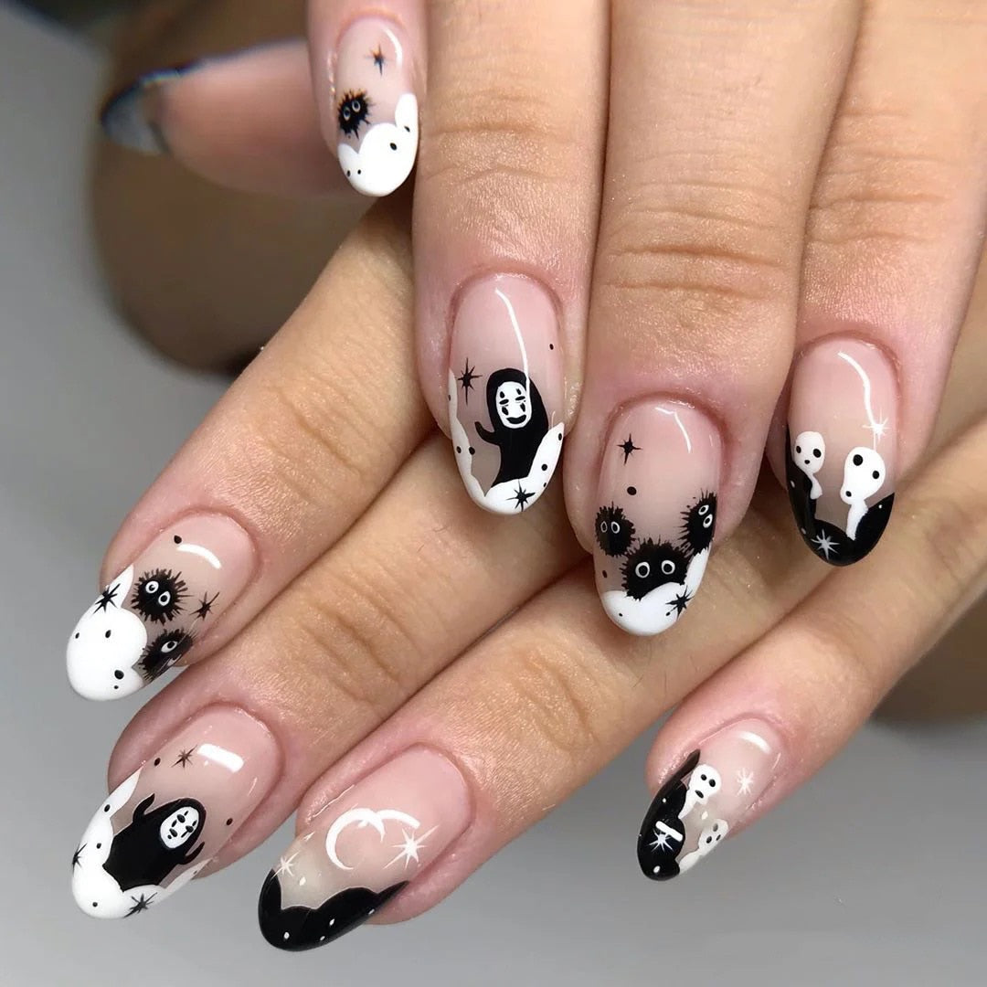 24Pcs Halloween Black Ghost Long Ballet False Nails With Heart Blood Design Halloween Press On Nails Detachable Full Cover Nails 1237