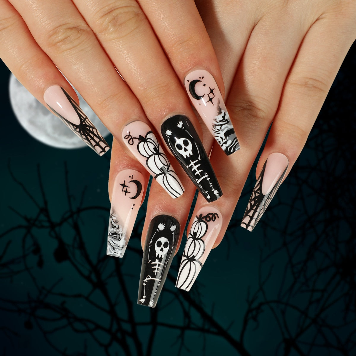 24Pcs Halloween Black Ghost Long Ballet False Nails With Heart Blood Design Halloween Press On Nails Detachable Full Cover Nails 2499
