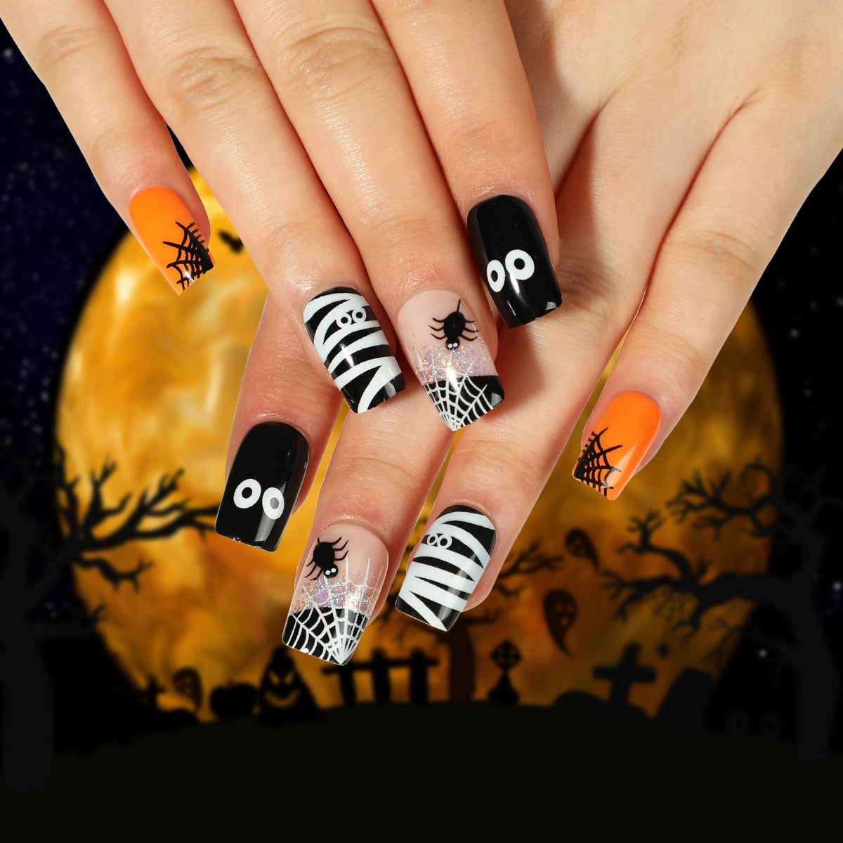 24Pcs Halloween Black Ghost Long Ballet False Nails With Heart Blood Design Halloween Press On Nails Detachable Full Cover Nails 2502