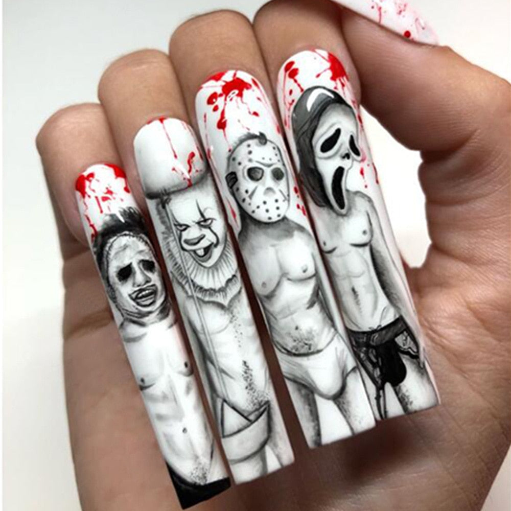 24Pcs Halloween Extra Long Press on Nails Coffin Fake Nails Acrylic  Black White Clown Designs Glossy Artificial Nails for Women AMAIO