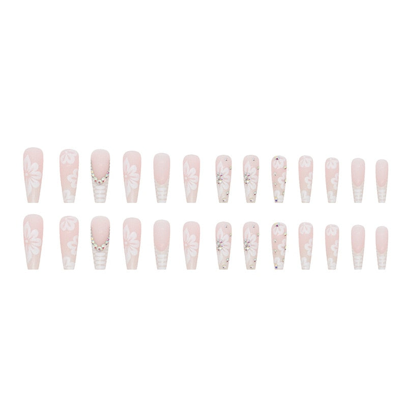 24Pcs Long Ballerina False Nails Press on Nails Serpentine Flower with Rhinestones French Fake Nails Wearable White Nails Tips