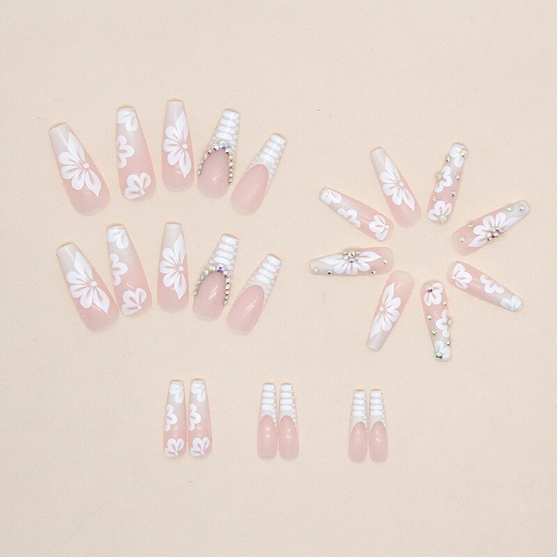 24Pcs Long Ballerina False Nails Press on Nails Serpentine Flower with Rhinestones French Fake Nails Wearable White Nails Tips