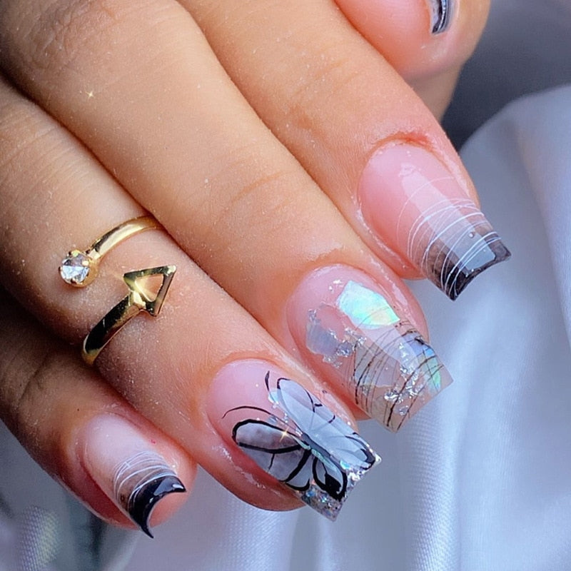 24Pcs Long Ballet False Nails Black Butterfly with French Design Wearable Fake Nails Simple Full Cover Press on Nail Tips Art 466