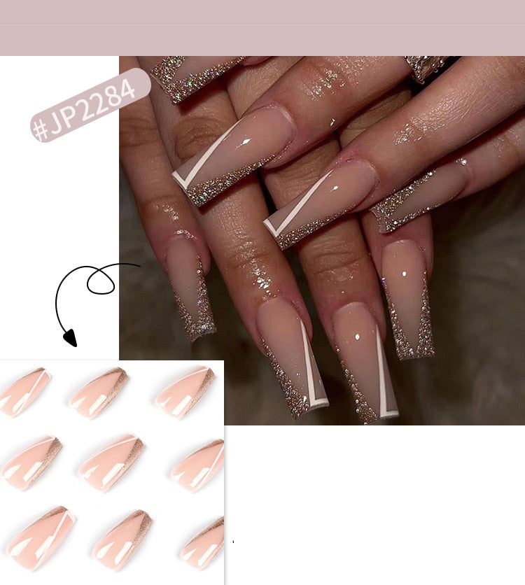 24Pcs Long Coffin False Nails Gold Glitter Sequins Designs Press On Full Cover Fake Nails Tips Wearable Manicure Art Accessories D2