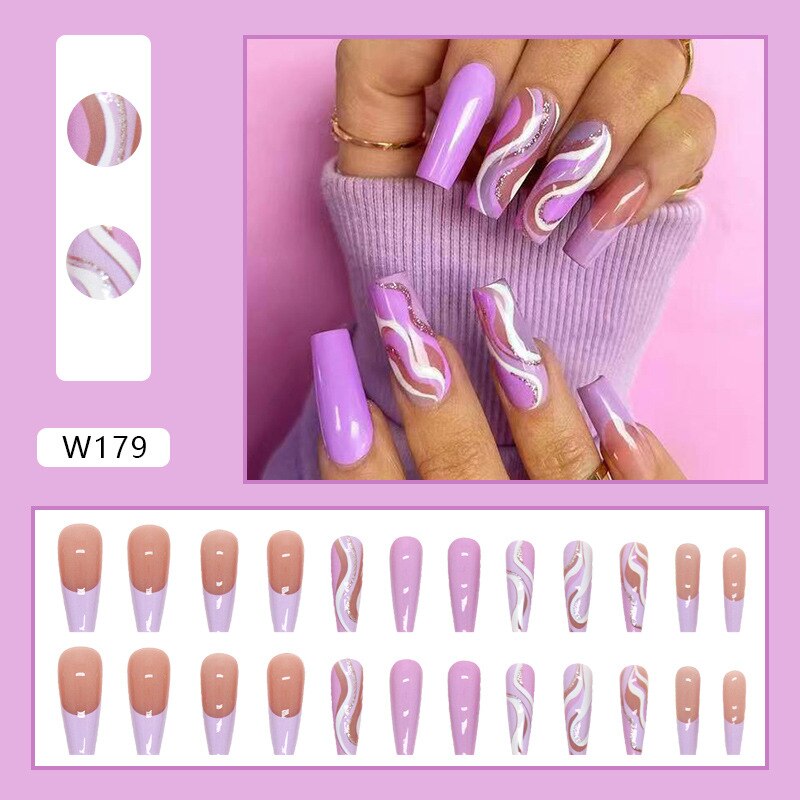 24Pcs Long Coffin False Nails Gold Glitter Sequins Designs Press On Full Cover Fake Nails Tips Wearable Manicure Art Accessories B3