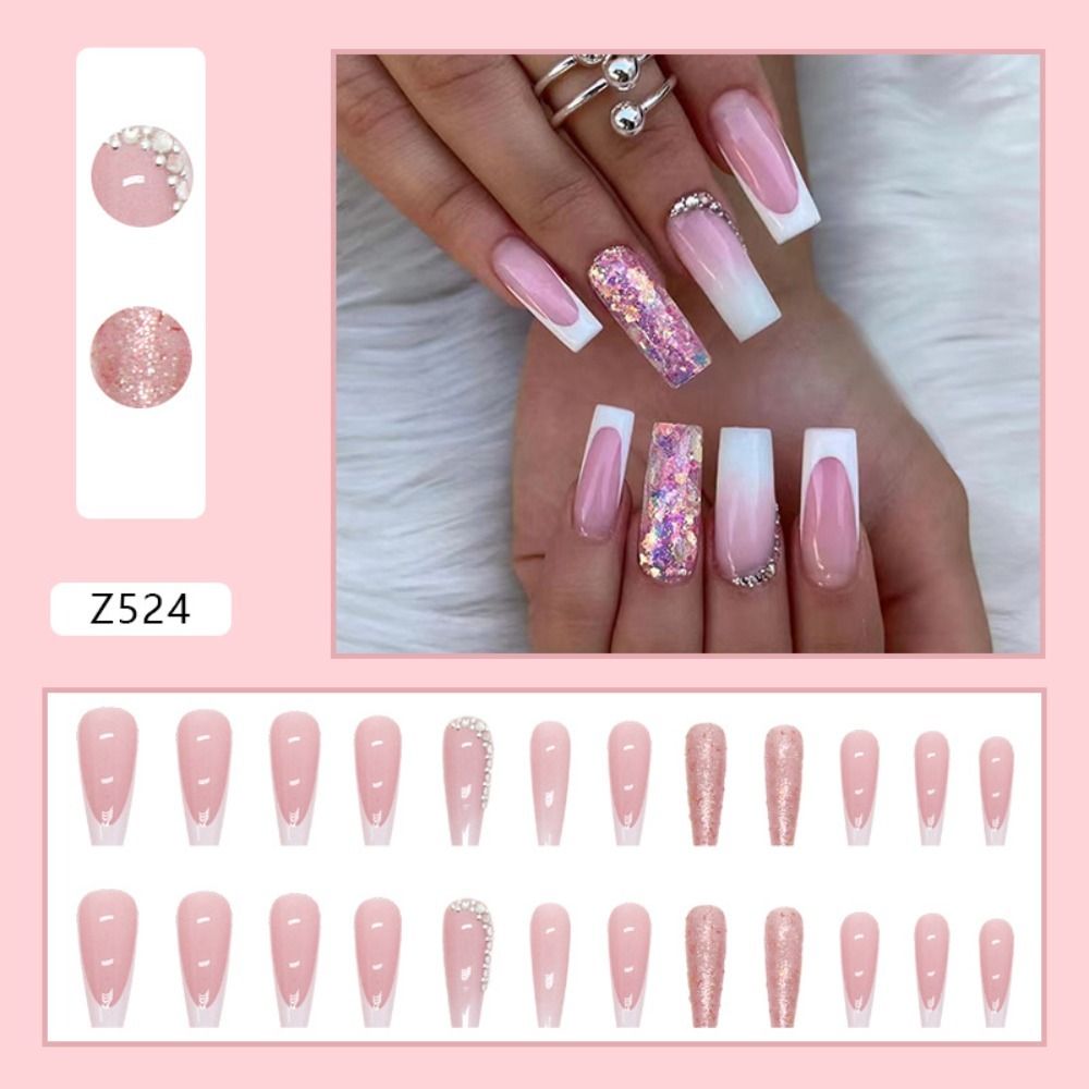 24Pcs Long Coffin False Nails Gold Glitter Sequins Designs Press On Full Cover Fake Nails Tips Wearable Manicure Art Accessories D1
