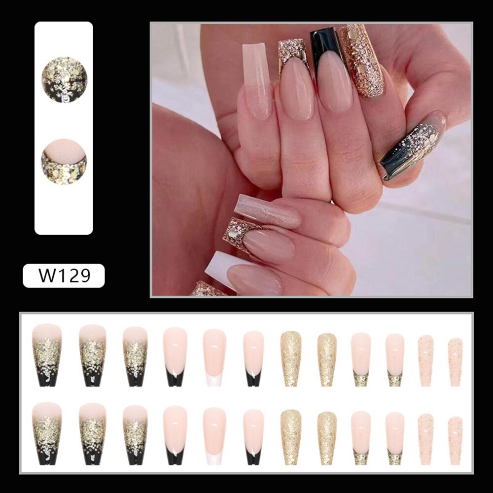 24Pcs Long Coffin False Nails Gold Glitter Sequins Designs Press On Full Cover Fake Nails Tips Wearable Manicure Art Accessories A10