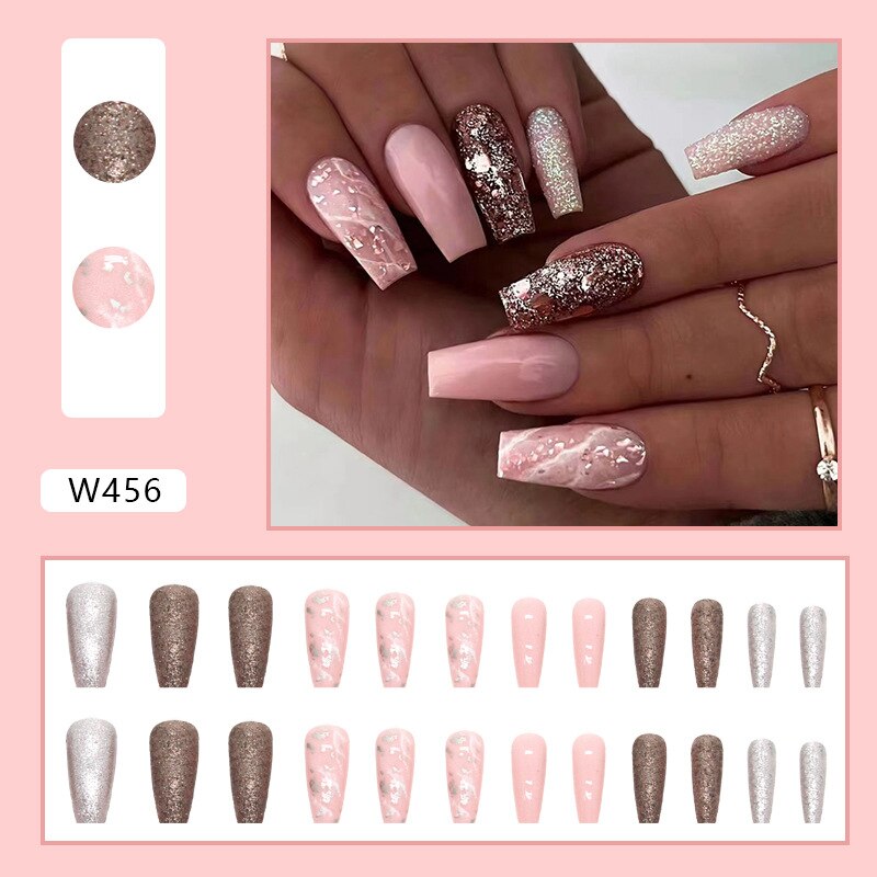 24Pcs Long Coffin False Nails Gold Glitter Sequins Designs Press On Full Cover Fake Nails Tips Wearable Manicure Art Accessories D5