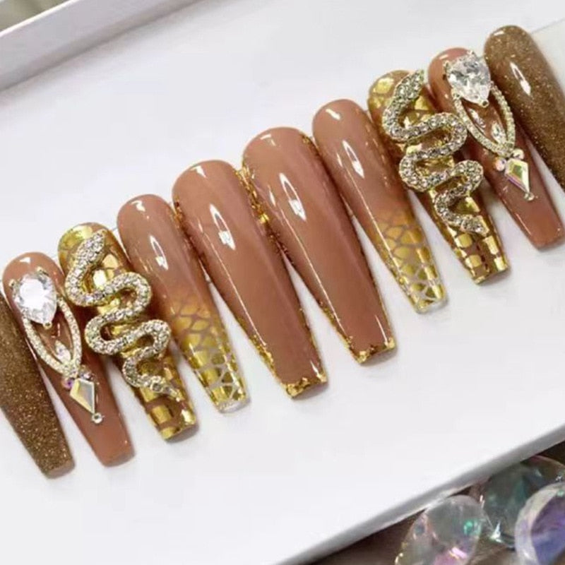 24Pcs Long Coffin False Nails with Glue Wearable Brown Fake Nails with   Rhinestones Ballet Press on Nails Full Cover Nail Tips AMAIO