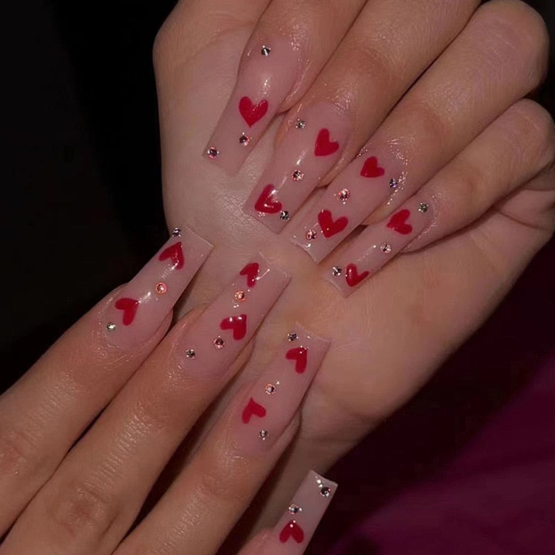 24Pcs Long Coffin False Nails with Glue Wearable Brown Fake Nails with Rhinestones Ballet Press on Nails Full Cover Nail Tips 589