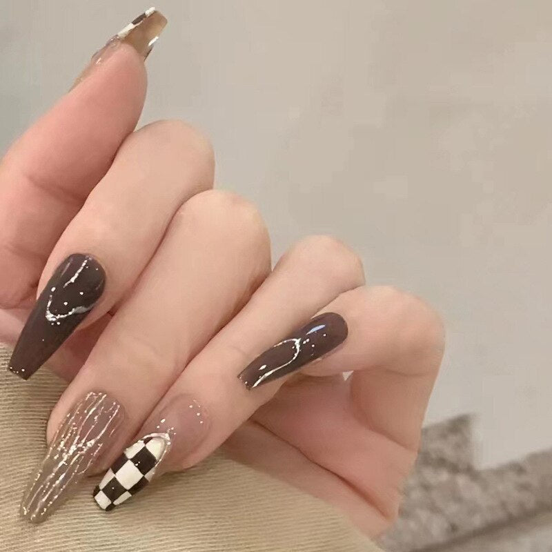 24Pcs Long Coffin Square False Nails Ballet Fake Nails Press on Nails Black Heart Rhinestone Design Glitter Full Cover Nail Tips