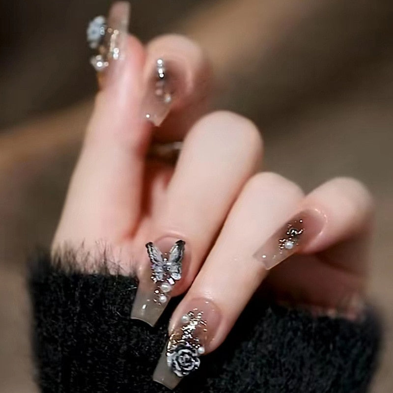 24Pcs Long Coffin Square False Nails Ballet Fake Nails Press on Nails Black Heart Rhinestone Design Glitter Full Cover Nail Tips 612