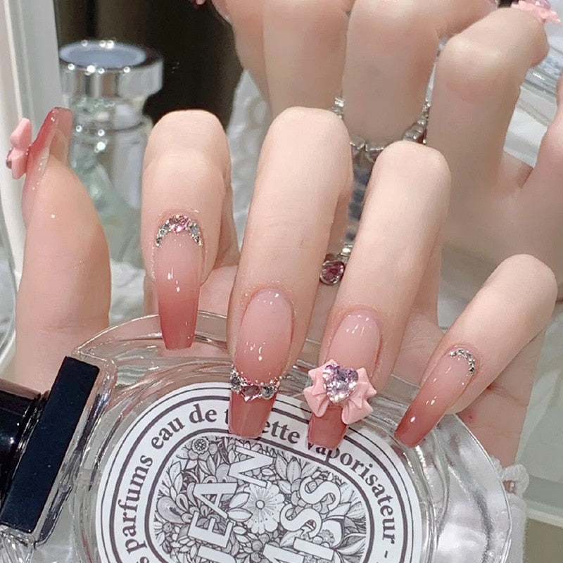 24Pcs Long Coffin Square False Nails Ballet Fake Nails Press on Nails Black Heart Rhinestone Design Glitter Full Cover Nail Tips 15255