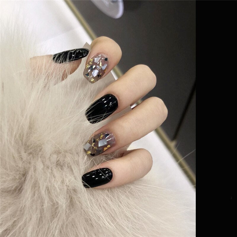24Pcs Long Coffin Square False Nails Ballet Fake Nails Press on Nails Black Heart Rhinestone Design Glitter Full Cover Nail Tips 245