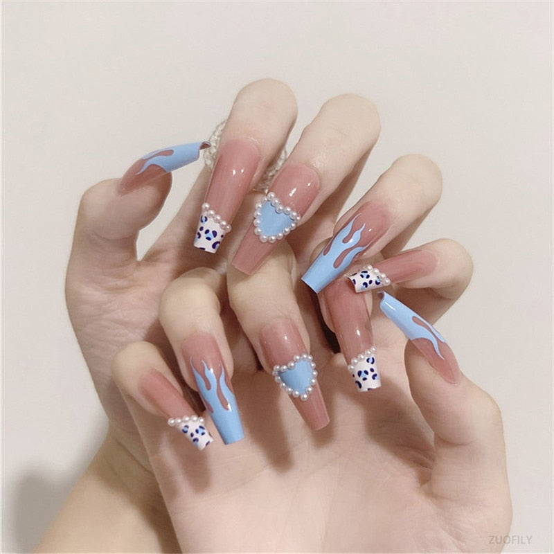 24Pcs Long Love Bow Design French Style Fake Nails Cute Flowers Blue Flame Detachable Press on False Nail Tips Manicure Nail Art AMAIO