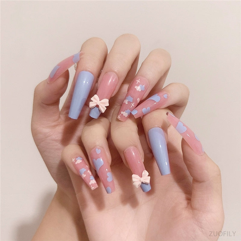 24Pcs Long Love Bow Design French Style Fake Nails Cute Flowers Blue Flame Detachable Press on False Nail Tips Manicure Nail Art JP1206