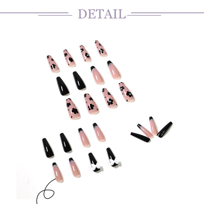 24Pcs Long Love Bow Design French Style Fake Nails Cute Flowers Blue Flame Detachable Press on False Nail Tips Manicure Nail Art