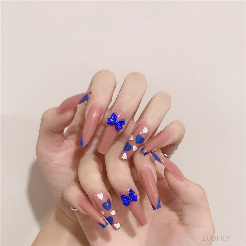 24Pcs Long Love Bow Design French Style Fake Nails Cute Flowers Blue Flame Detachable Press on False Nail Tips Manicure Nail Art JP1204