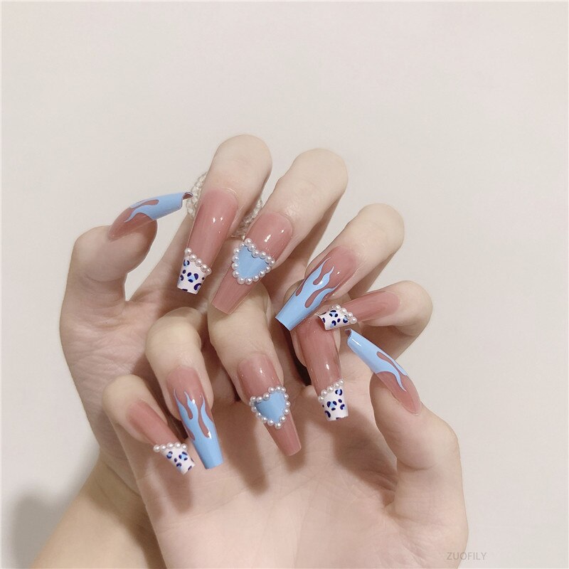 24Pcs Long Love Bow Design French Style Fake Nails Cute Flowers Blue Flame Detachable Press on False Nail Tips Manicure Nail Art JP1202