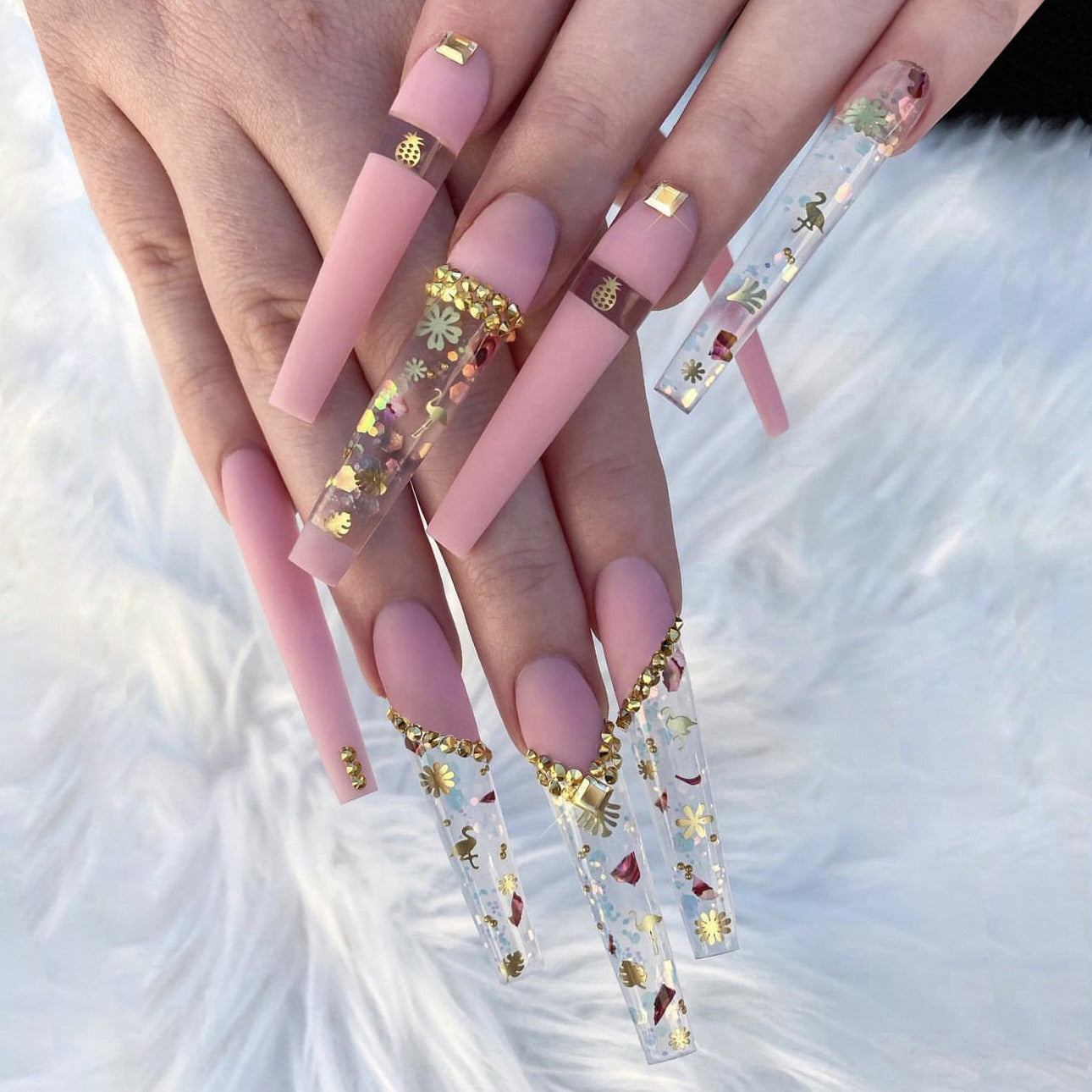 24Pcs Long Square Press on Nails Love Pattern Design Artifical Coffin False Nail Brown French Wearable Full Cover Fake Nail Tips 112