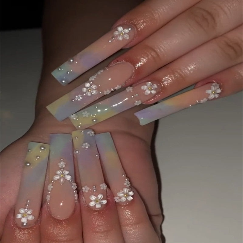 24Pcs Long Square Press on Nails Love Pattern Design Artifical Coffin False Nail Brown French Wearable Full Cover Fake Nail Tips 113