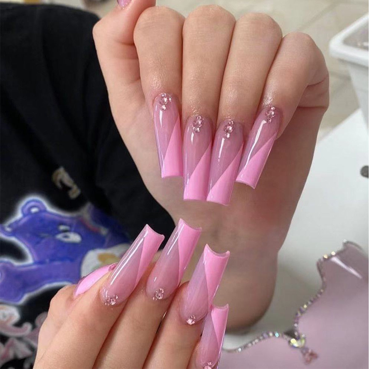 24Pcs Marble Gradient Long Coffin False Nails Full Cover Nail Tips Press Glue Detachable Wearable Gold Foil Ballerina Fake Nails JP1029-24Pcs-Set
