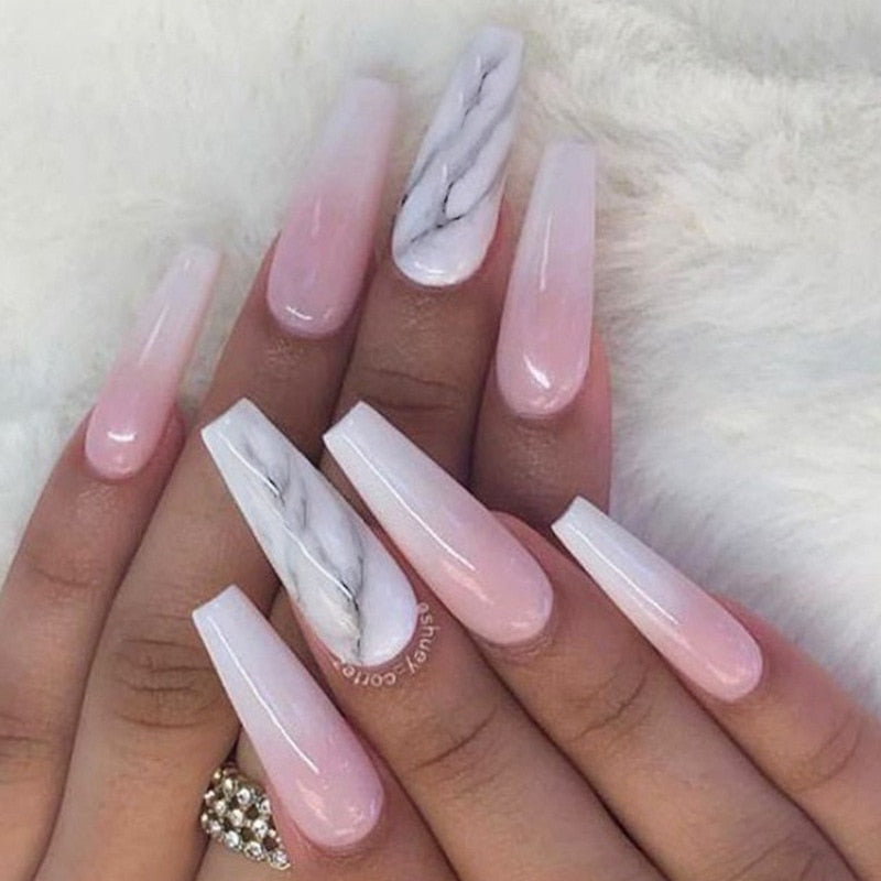 24Pcs Marble Gradient Long Coffin False Nails Full Cover Nail Tips Press Glue Detachable Wearable Gold Foil Ballerina Fake Nails AMAIO