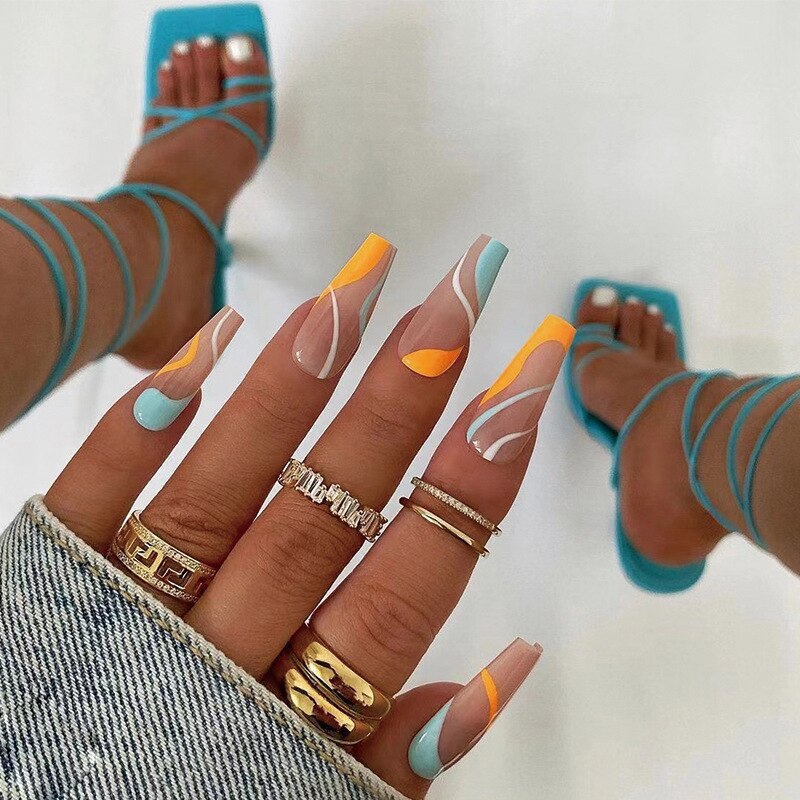 24Pcs Marble Gradient Long Coffin False Nails Full Cover Nail Tips Press Glue Detachable Wearable Gold Foil Ballerina Fake Nails JP1761-24Pcs-Set