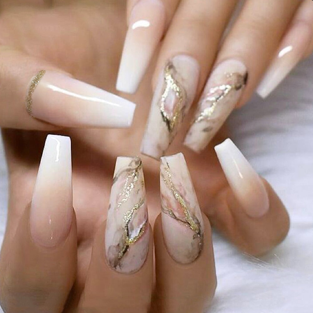24Pcs Marble Gradient Long Coffin False Nails Full Cover Nail Tips Press Glue Detachable Wearable Gold Foil Ballerina Fake Nails JP1747--24Pcs-Set