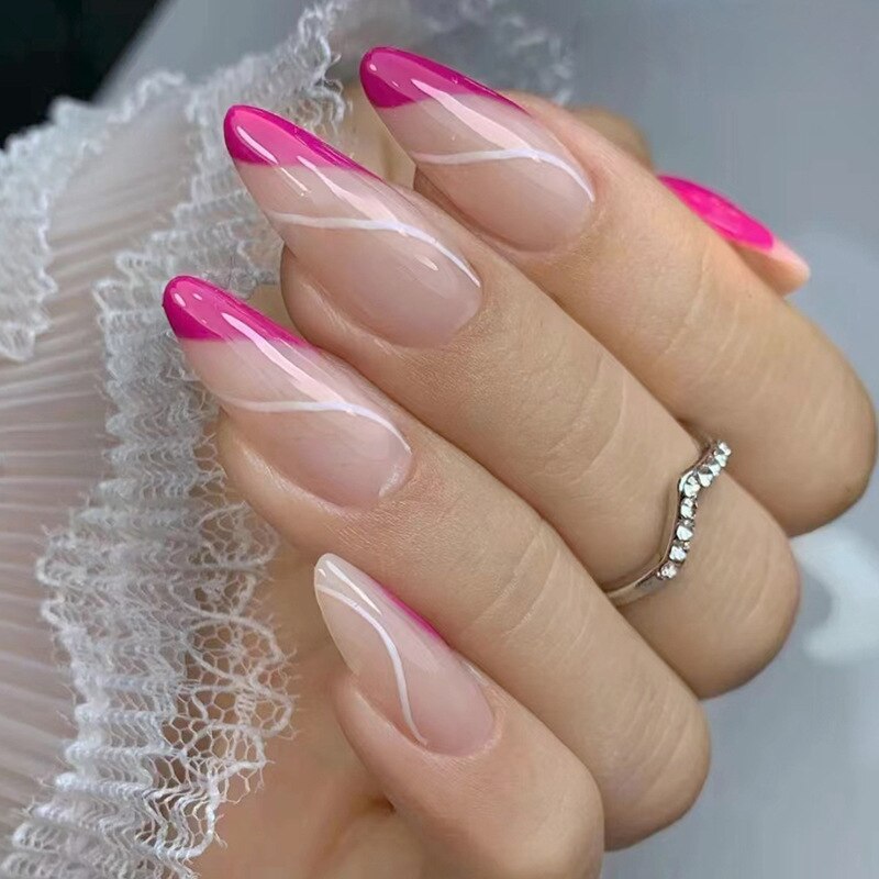 24Pcs Oval Head False Nails Pink Almond Artificial Fake Nails With Glue Full Cover Nail Tips Press On Nails DIY Manicure Tools B49-35