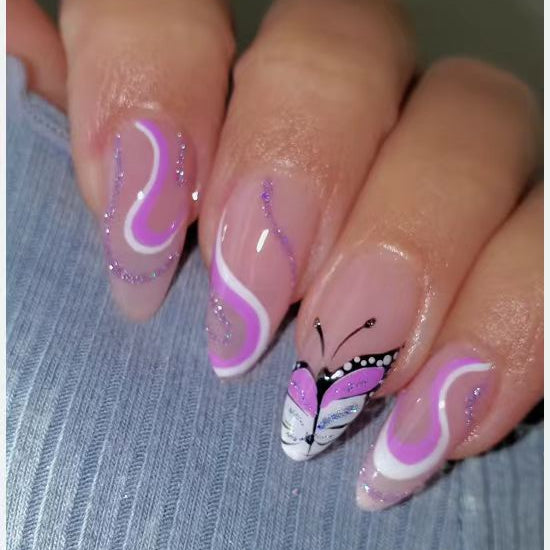 24Pcs Oval Head False Nails Pink Almond Artificial Fake Nails With Glue Full Cover Nail Tips Press On Nails DIY Manicure Tools C46-2