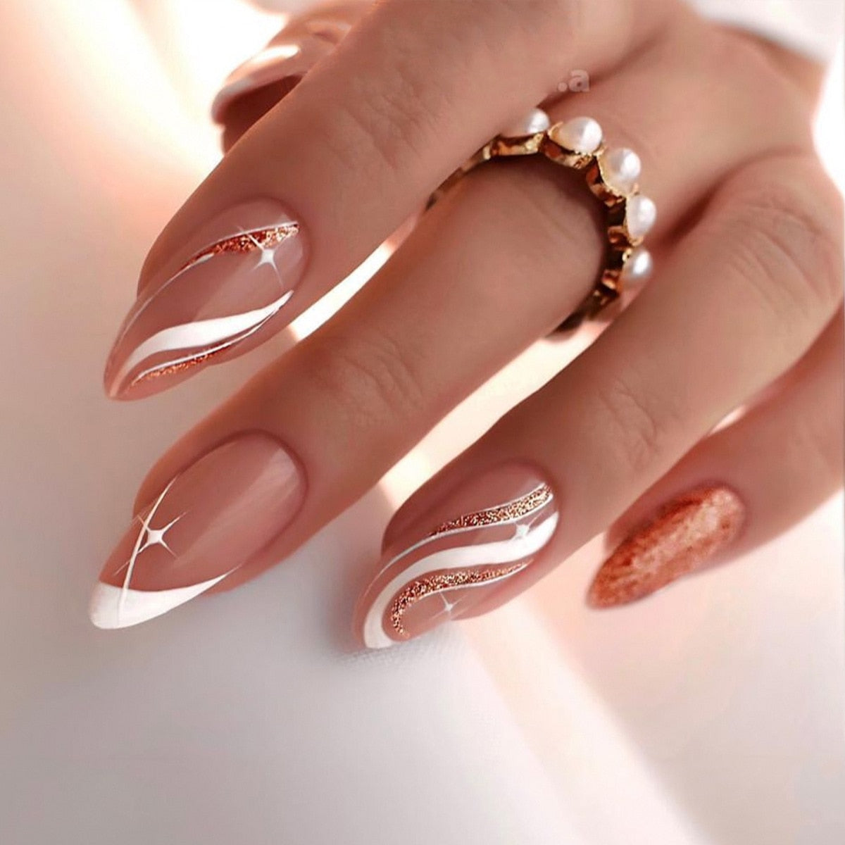 24Pcs Oval Head False Nails Pink Almond Artificial Fake Nails With Glue Full Cover Nail Tips Press On Nails DIY Manicure Tools Z15