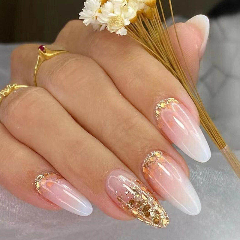 24Pcs Pink Almond False Nails Shiny Golden Ripples Stiletto Fake Nails Detachable Oval Full Cover Press on Nails Tips Manicure 684