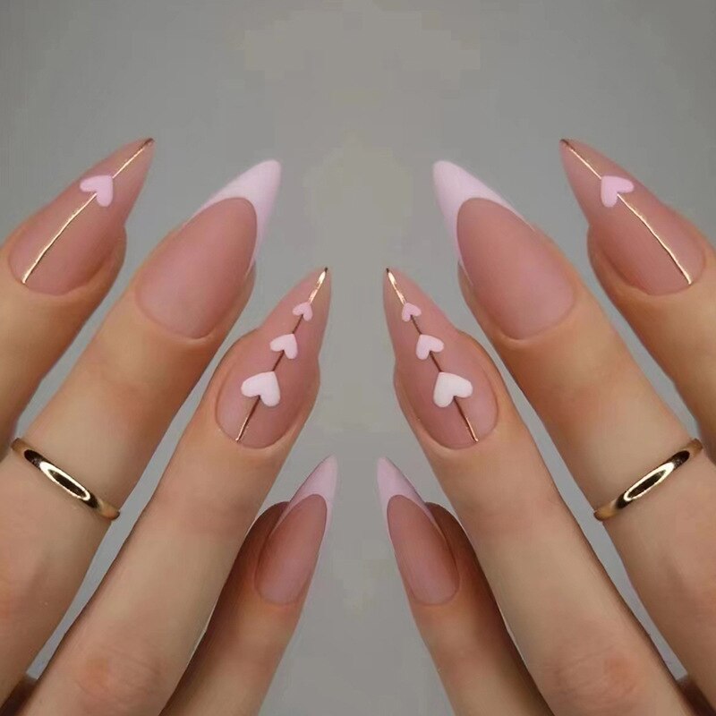 24Pcs Pink Almond False Nails Shiny Golden Ripples Stiletto Fake Nails Detachable Oval Full Cover Press on Nails Tips Manicure 312