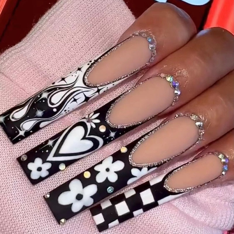 24Pcs Pink French False Nails French with Rhinestone Acrylic Fake Nail Tips Detachable Coffin Press on Nails Full Cover Manicure ZJ-03