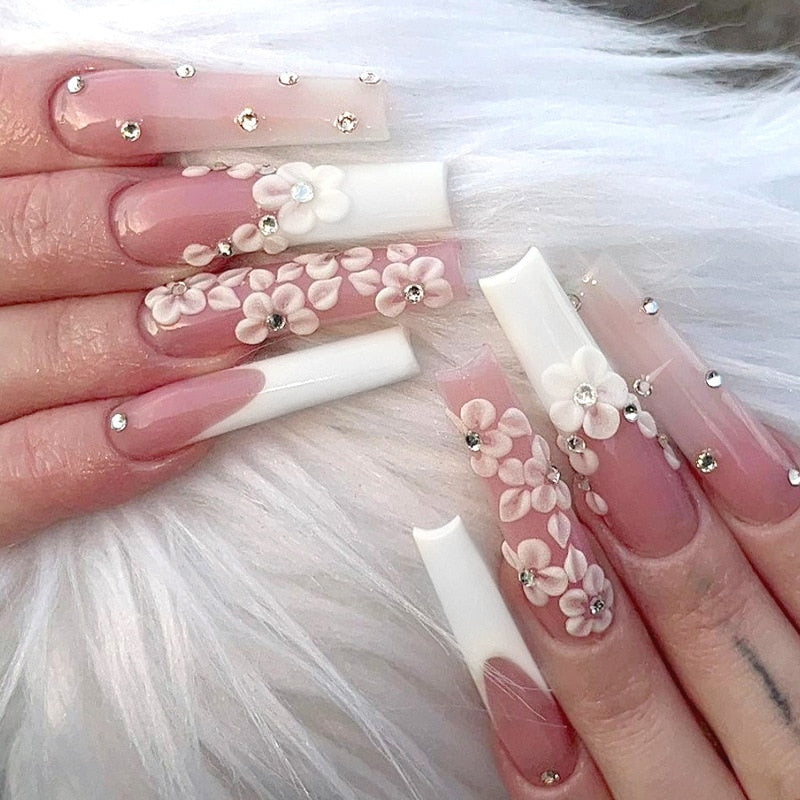 24Pcs Pink French False Nails French with Rhinestone Acrylic Fake Nail Tips Detachable Coffin Press on Nails Full Cover Manicure 688