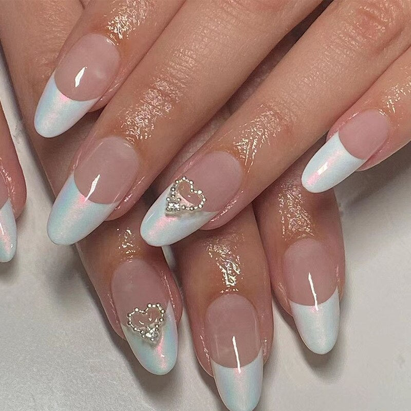24Pcs Pink Round Head Almond Fake Nails with Heart Shape Rhinestone Wearable Ballerina False Nail Tips Full Cover Press on Nail 2412