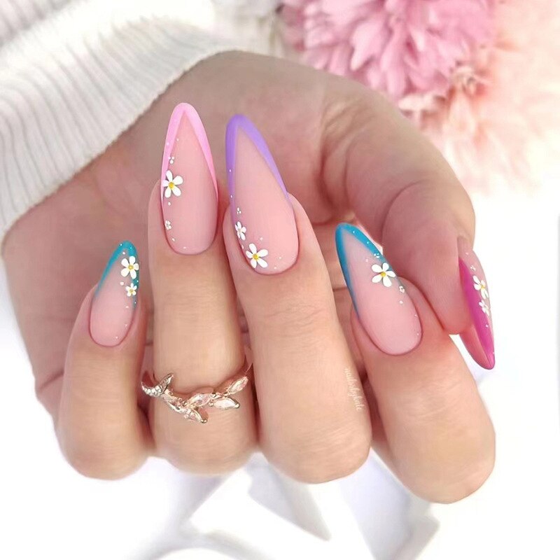 24Pcs Pink Round Head Almond Fake Nails with Heart Shape Rhinestone Wearable Ballerina False Nail Tips Full Cover Press on Nail 563