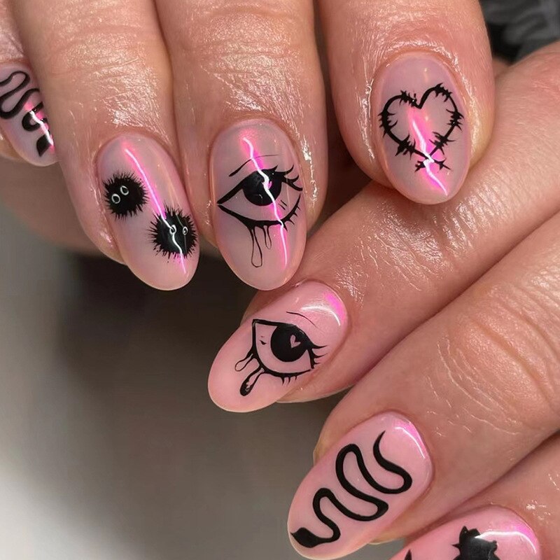 24Pcs Pink Round Head Almond Fake Nails with Heart Shape Rhinestone Wearable Ballerina False Nail Tips Full Cover Press on Nail 558