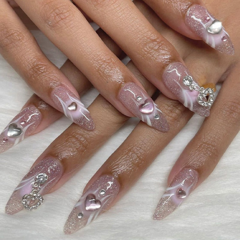 24Pcs Pink Round Head Almond Fake Nails with Heart Shape Rhinestone Wearable Ballerina False Nail Tips Full Cover Press on Nail 512
