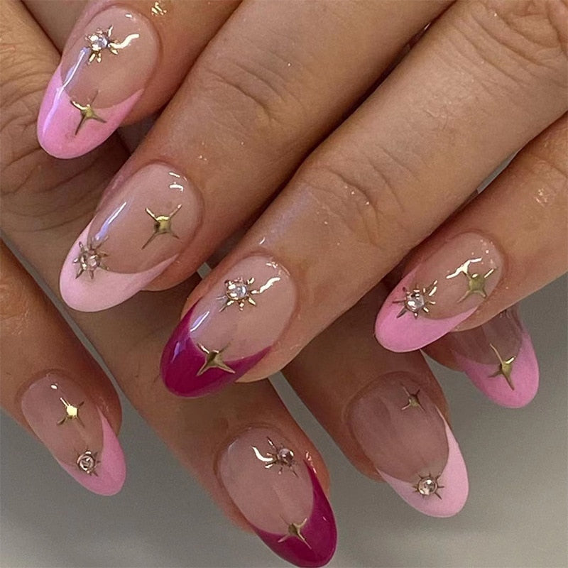 24Pcs Pink Round Head Almond Fake Nails with Heart Shape Rhinestone Wearable Ballerina False Nail Tips Full Cover Press on Nail 2409