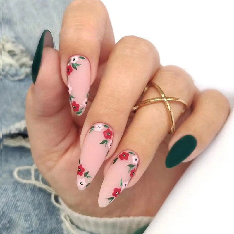 24Pcs Pink Round Head Almond Fake Nails with Heart Shape Rhinestone Wearable Ballerina False Nail Tips Full Cover Press on Nail 562