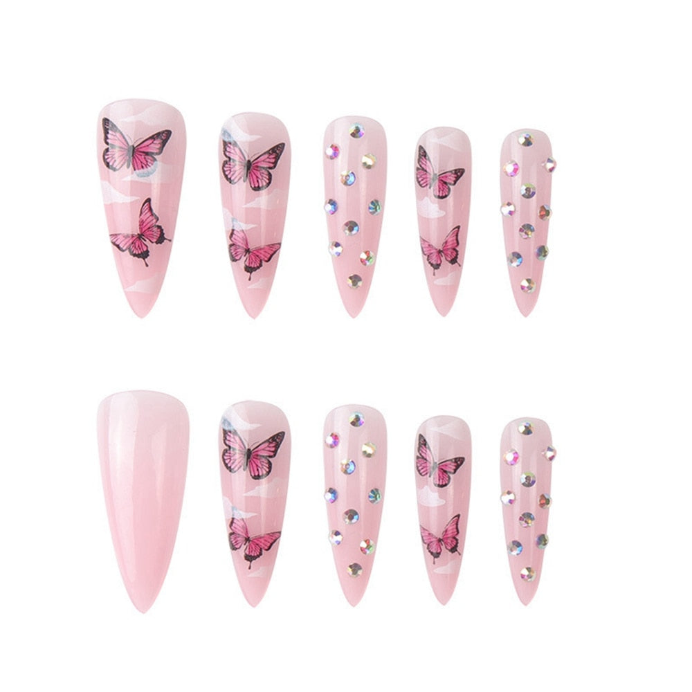 24Pcs Press On Nails Long Stiletto False Nails With Glue Pink Butterfly Cloud Rhinestones Design Acrylic Fake Nail Detachable