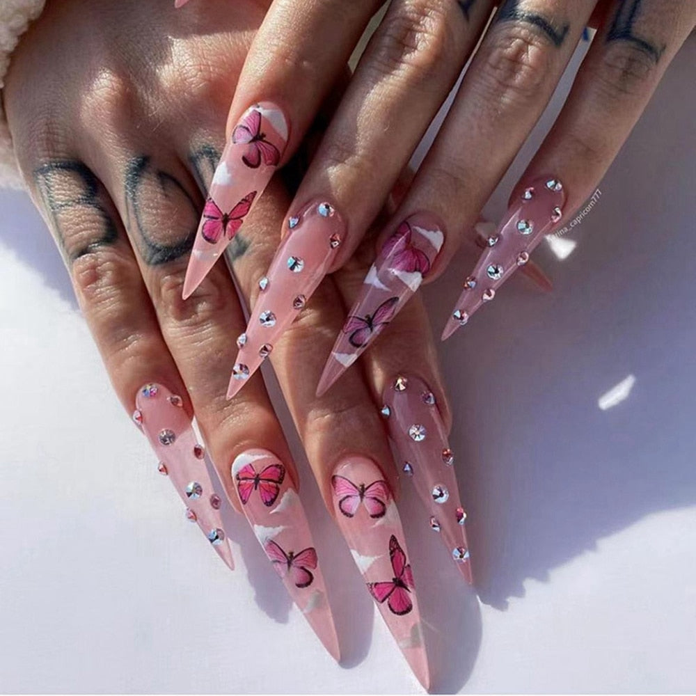 24Pcs Press On Nails Long Stiletto False Nails With Glue Pink Butterfly Cloud Rhinestones Design Acrylic Fake Nail Detachable AMAIO