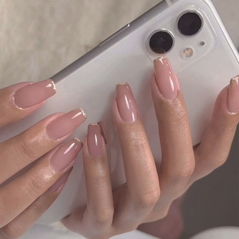 24Pcs Press On Nails Wearable Fake Nails Pink Gradient Glitter Butterfly Rhinestones False Nail Full Cover Acrylic Nail Tips ab12