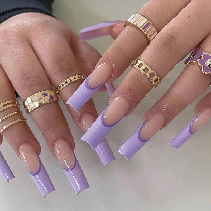 24Pcs Purple Y2K Press on Nails Star Diamond Designs Full Cover Fake Nails Long Coffin Acrylic False Nails for Women 2024 New YA-08