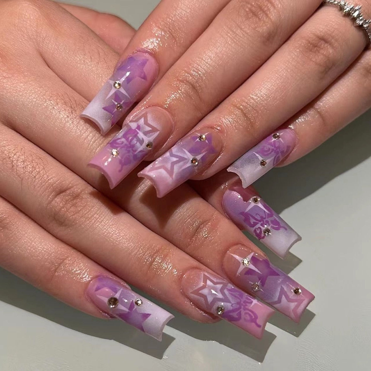 24Pcs Purple Y2K Press on Nails Star Diamond Designs Full Cover Fake Nails Long Coffin Acrylic False Nails for Women 2024 New AMAIO