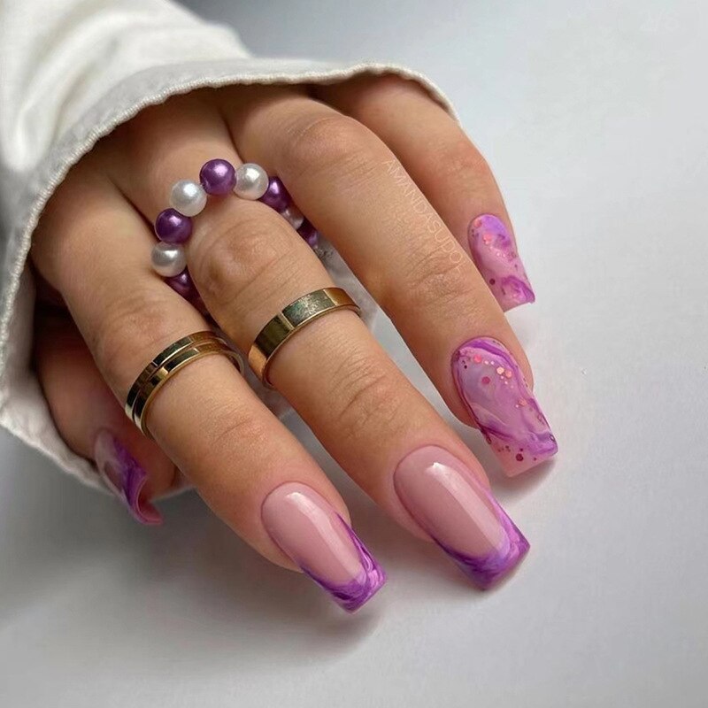 24Pcs Purple Y2K Press on Nails Star Diamond Designs Full Cover Fake Nails Long Coffin Acrylic False Nails for Women 2024 New YA-05