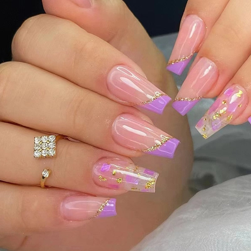 24Pcs Purple Y2K Press on Nails Star Diamond Designs Full Cover Fake Nails Long Coffin Acrylic False Nails for Women 2024 New YA-18