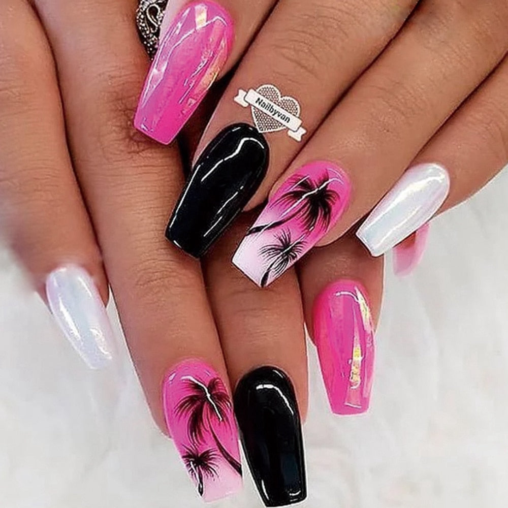 24Pcs Rose Red Black Contrast Color False Nails Coconut Tree Pearl White French Fake Nails Ballerina Coffin Manicure Tool 1